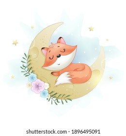 Stock vector. Cute little foxy sleeping on the Moon. Funny cartoon character. Vector illustration