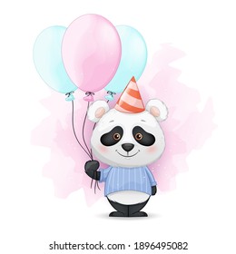 Stock vector. Cute little panda holding balloons. Funny panda cartoon character at birthday party. Vector illustration