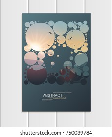 Stock vector dark turquoise A5 or A4 format brochure design protection environmental ecology with abstract circles and mountain landscape at sunset, dawn background for printed material, corporate sty