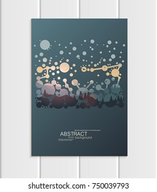 Stock vector dark turquoise A5 or A4 format brochure design protection environmental ecology with abstract circles and mountain landscape at sunset, dawn background for printed material, corporate sty