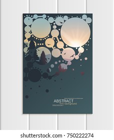 Stock vector dark turquoise A5 or A4 format brochure design protection environmental ecology with abstract circles and mountain landscape at sunset, dawn background for printed material, corporate sty