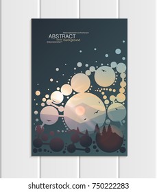 Stock vector dark turquoise A5 or A4 format brochure design protection environmental ecology with abstract circles and mountain landscape at sunset, dawn background for printed material, corporate sty
