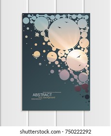 Stock vector dark turquoise A5 or A4 format brochure design protection environmental ecology with abstract circles and mountain landscape at sunset, dawn background for printed material, corporate sty