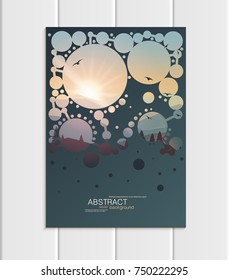 Stock vector dark turquoise A5 or A4 format brochure design protection environmental ecology with abstract circles and mountain landscape at sunset, dawn background for printed material, corporate sty
