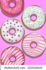 stock vector decorated of colourful donuts in pink background