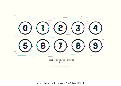 Stock vector decorative numbers in round frames. Design with glitch distortion effect. Color print on white background