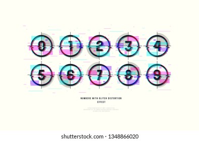 Stock vector decorative numbers in round frames. Design with glitch distortion effect. Color print on white background