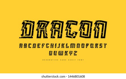 Stock vector decorative sans serif font. Letters and numbers with vintage texture for sport, movie emblem and logo design in oriental style. Black print on yellow background