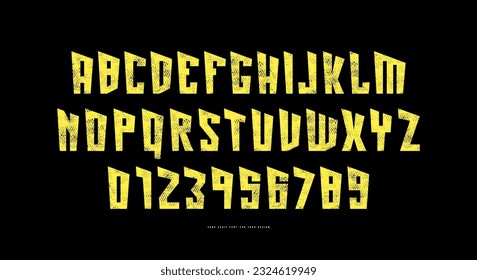 Stock vector decorative sans serif font. Letters and numbers with rough texture for emblem and logo design 