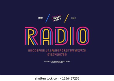 Stock vector decorative striped sans serif font, alphabet, typeface. Letters and numbers for disco, retro, pop art logo and headline design