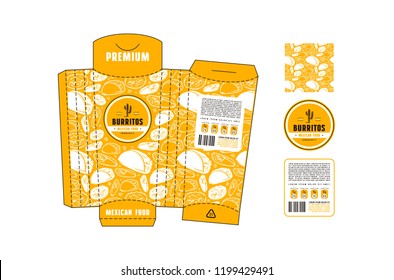 Stock Vector Design Of Box For Burrito Mexican Food. Unwrapped Box With Layout Elements And Seamless Pattern