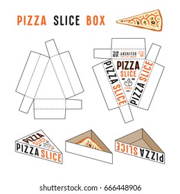 Stock vector design of box for pizza slice. Unwrapped box with layout elements and 3d presentation