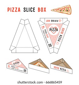 Stock vector design of box for pizza slice. Unwrapped box with layout elements and 3d presentation