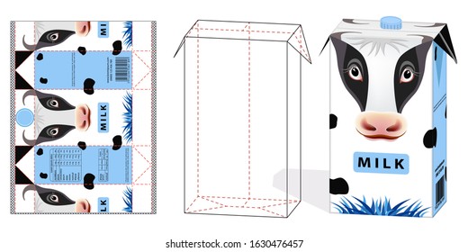 Stock vector design of boxes for milk. Unwrapped box with layout elements, Container die-stamping,  Folding Packaging for dairy product 3d mockup, Ready Pack.