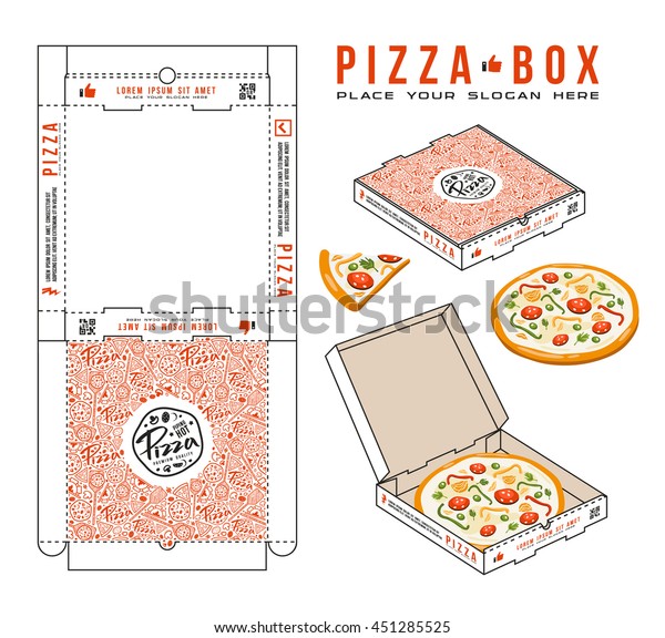 Stock vector design of boxes\
for pizza. Unwrapped box with layout elements and 3d\
presentation
