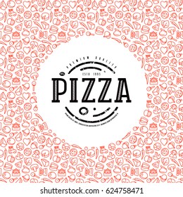 Stock vector design cover for pizza boxes. Label and frame with pattern in thin line style. Color print on white background