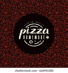 Stock vector design cover for pizza boxes. Label and frame with pattern in thin line style. Color print on black background