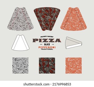 Stock vector design of package for pizza slices. Seamless pattern in different colors