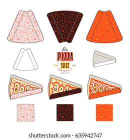 Stock vector design of package for pizza slices. Seamless pattern, unwrapped cardboard and 3d presentation