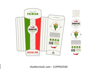 Stock vector design of tall cardboard packaging for burrito mexican food. Unwrapped box with layout elements and seamless pattern