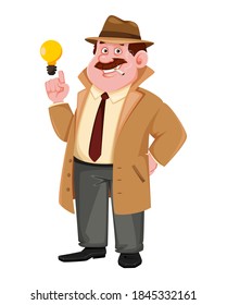 Carácter detective vector de material con una idea brillante. Caricatura del investigador. Ilustración vectorial.