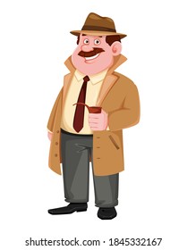 Stock vector detective character holding smoking pipe. Investigator cartoon character. Vector illustration.