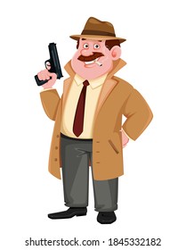 Stock vector detective character holding a gun. Investigator cartoon character. Vector illustration.