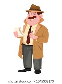 Stock vector detective character making notes. Investigator cartoon character. Vector illustration.