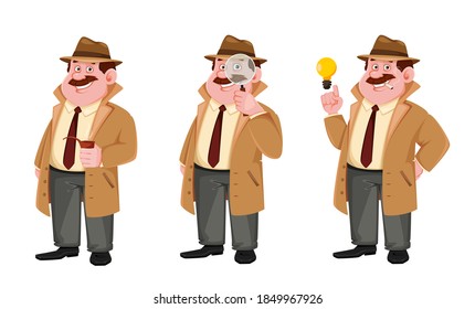 Stock vector detective character, set of three poses. Investigator cartoon character. Vector illustration isolated on white