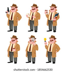 Stock vector detective character, set of six poses. Investigator cartoon character. Vector illustration