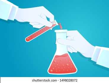 stock vector doctor hand holding glass test tube and laboratory beaker. medical and health care concept. vector illustration background.