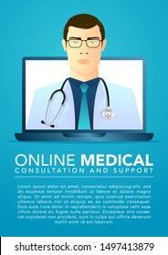 stock vector doctor in lab coat with stethoscope. online medical and health care concept. vector illustration background.
