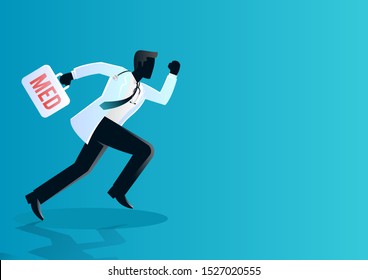 Stock Vector A Doctor Running With Suitcase. Medical And Health Care Concept. Vector Illustration Background.