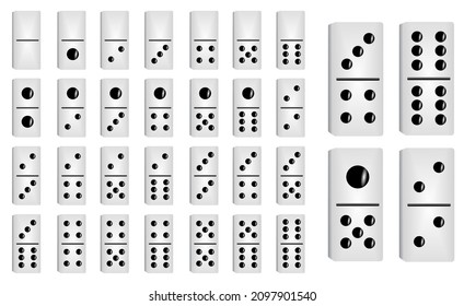 stock vector domino full set, realistic 

illustration black and white color, dominos 

card collection, classic game dominos.