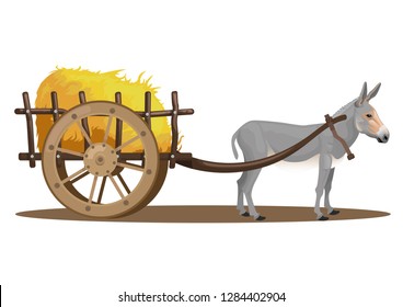 stock vector a donkey pull full of hay in the wooden cart graphic object illustration. traditional transportation cartoon nature concept