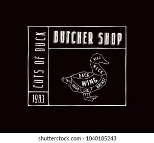 Stock vector duck diagram in the style of handmade graphics. Label template for butcher shop. White print on black background