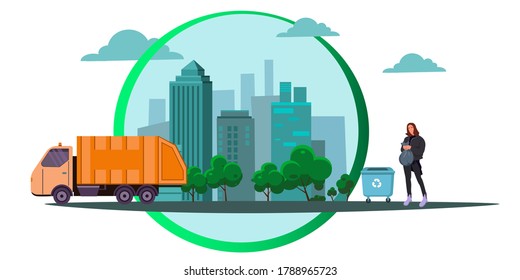 stock vector Ecology concept. concept of eco friendly. illustration of garbage truck, young girl and city silhouette. Save the planet. modern city.Zero waste. Web template for internet sites headers. 