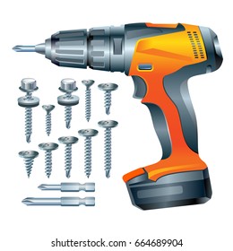 stock vector electric screwdriver and a set of screws