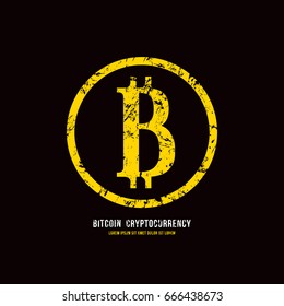 Stock vector emblem of bitcoin cryptocurrency. Design with shabby texture. Color print on black background