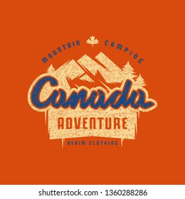 Stock vector emblem for t-shirt. Graphic design on the theme of camping, hiking, tourism and active lifestyle. Color print on red background