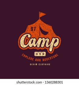 Stock vector emblem for t-shirt. Graphic design on the theme of camping, hiking, tourism and active lifestyle. Color print on dark violet background