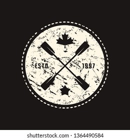 Stock vector emblem for t-shirt. Graphic design on the theme of camping, rafting, tourism and active lifestyle. White print on black background