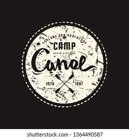 Stock vector emblem for t-shirt. Graphic design on the theme of camping, rafting, tourism and active lifestyle. White print on black background
