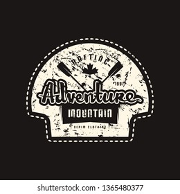 Stock vector emblem for t-shirt. Graphic design on the theme of camping, rafting, tourism and active lifestyle. White print on black background