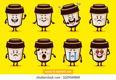 stock vector emoji coffee set cartoon set coffee smile