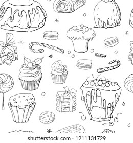 Stock vector endless black and white pattern from different christmas sweet desserts, cookies and cakes with decoration. Isolated and hand drawn doodle background. Christmas card. Festive design.