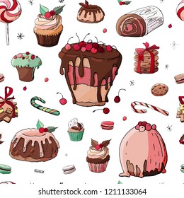 Stock vector endless pattern from different christmas sweet desserts,  cakes and berries with decoration and snowflakes. Isolated and hand drawn doodle background. Christmas card. Festive design.
