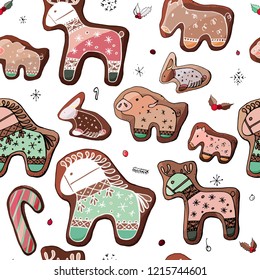Stock vector endless pattern from different christmas gingerbreads with  holly berries and snowflakes. Isolated and hand drawn doodle festive backdrop. Seamless texture for holiday design. New year.