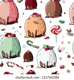 Stock vector endless pattern from different christmas sweet desserts,  cakes and candies with decoration and snowflakes. Isolated and hand drawn doodle background. Christmas card. Festive cafe design.