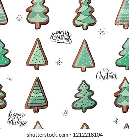 Stock vector endless pattern from green christmas tree gingerbreads with different ornaments. Isolated and hand drawn doodle festive background. Seamless texture for holiday design. New year.